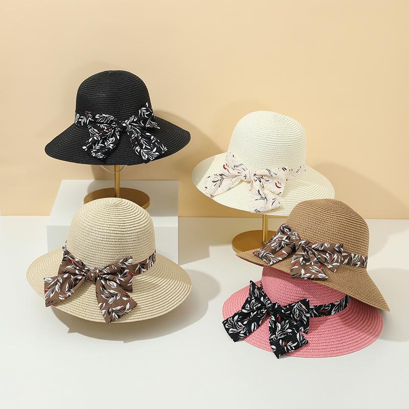 new Women Summer Big Floppy Hat Wheat Straw Hat with Black White Ribbon Lace Tie Wide Brim Sun Hat UV Protection Beach Cap