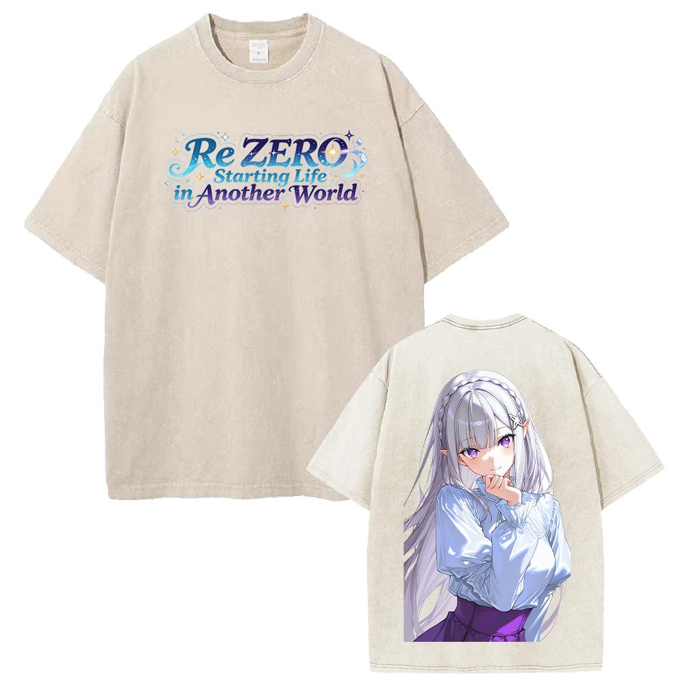 Hot Anime Re ZERO Emilia Kawaii Graphic Tee Men Women Short Sleeve Clothing Washed Cotton Tshirt Casual T-shirt Vintage T Shirt