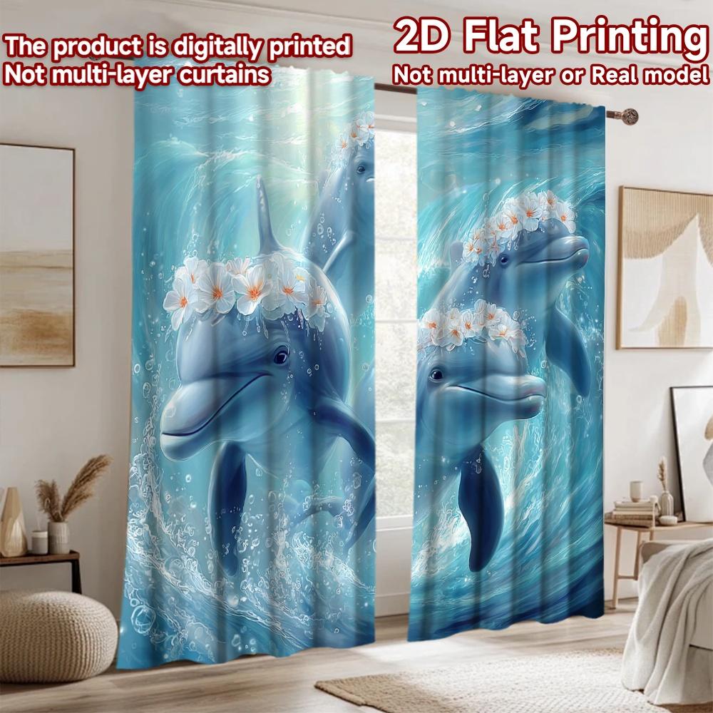 2D Flat Printing 2pcs Curtains Dolphins Playing In Ocean Waves Digital Printed Polyester Drapes All Season Party & Holiday Decor
