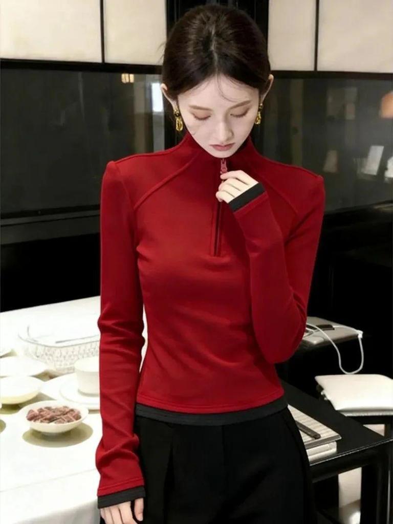 2026 Autumn/Winter Women's Korean Style Stand Collar Half-Zip Loose Slimming Base Layer T-Shirt
