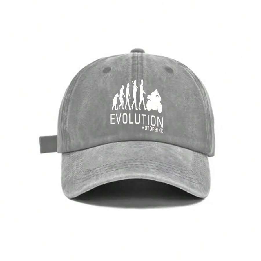 Washed Gray Baseball Cap With Evolution Motorbike Print Adjustable Snapback Hat Casual Streetwear Outdoor Sun Protection