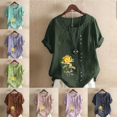 Damenmode Rundhals Kurzarm T-Shirt Lässiges Baumwollleinen Grafikhemd Freizeit Lose Blumendruck Sommer Bluse Tops