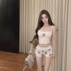 "Girls' Pure Desire Bear Print Suspender Pajama Set with Chest Pad - Summer Slim Fit Vest and Shorts"