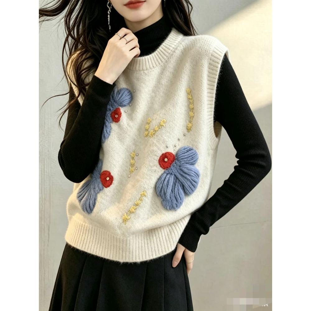 2026 Autumn Winter New Women Sweater Pullover Floral Knitting Fashion Lady Tops Vest Tank Sleeveless Shirt Loose Casual