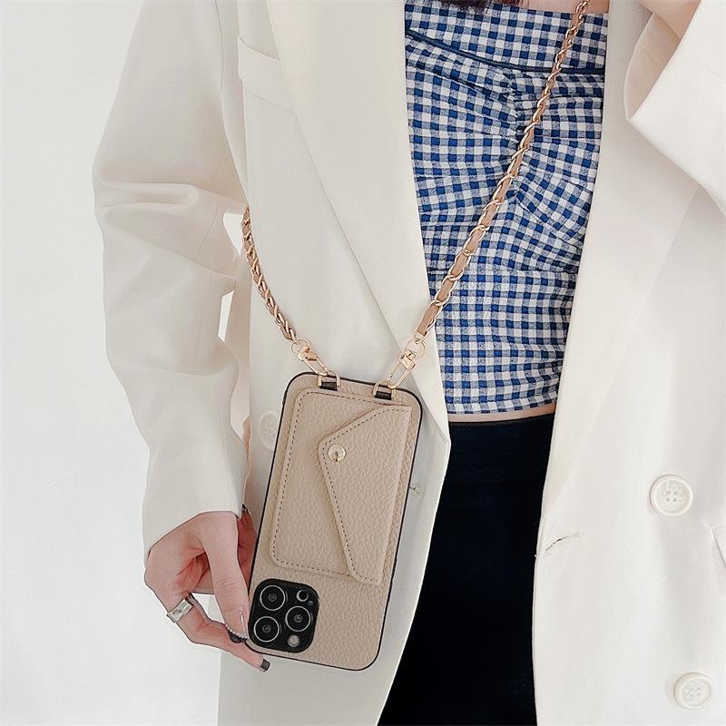 Suitable For Lychee Patterned 14 Protective Case Xsmax Card Pack Metal Leather Chain 13promax Xs Phone Case