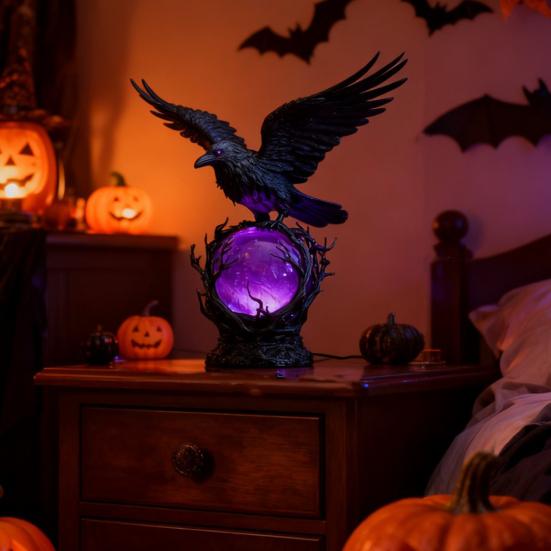 Gothic Raven LED Lamp Hand-Crafted Sculpture On Purple Glow Sphere Mysterious Decor for Dark Art And Halloween Unique Desk Night Light