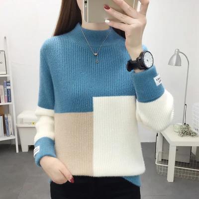 Women's Mink Fleece Sweater Autumn and Winter Half-turtleneck Knitwear Color-blocked Half-turtleneck Pullover Sweater