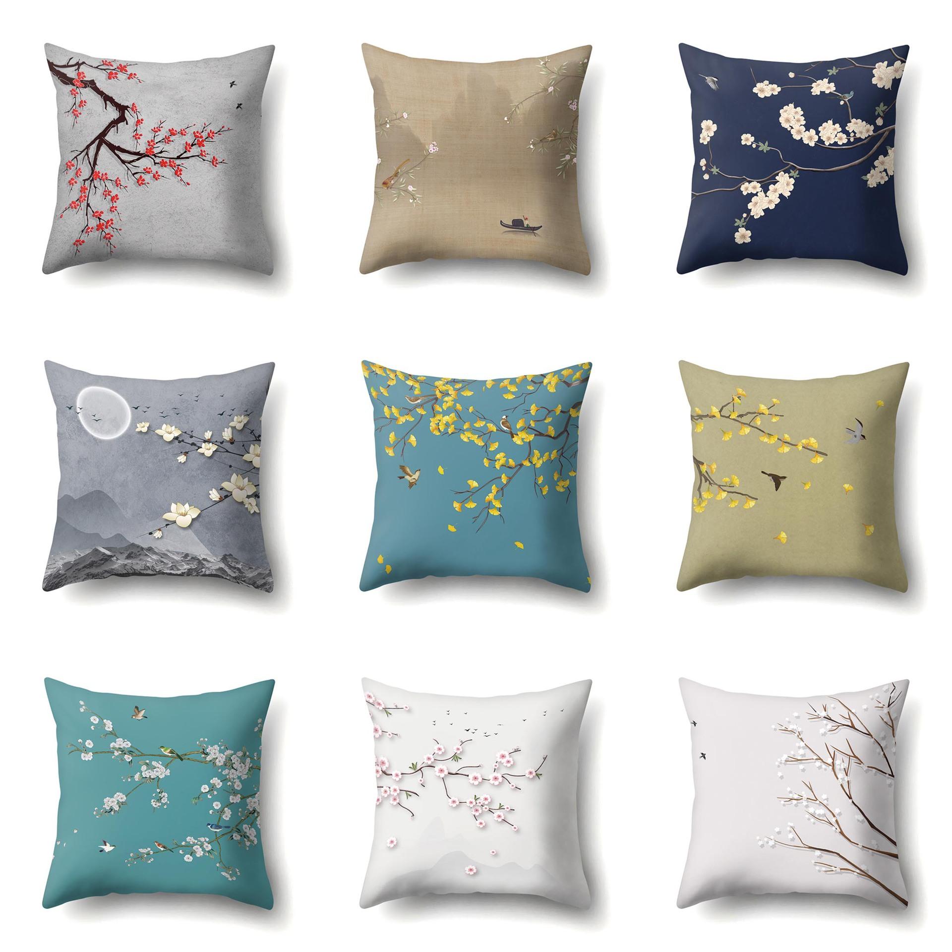 

Geometric Branch Flowers Sofa Pillowcase Single-sided Office Cushion Cover Living Room Pillowcase Cycling Waist Pillowcase 45Cm without pillow core