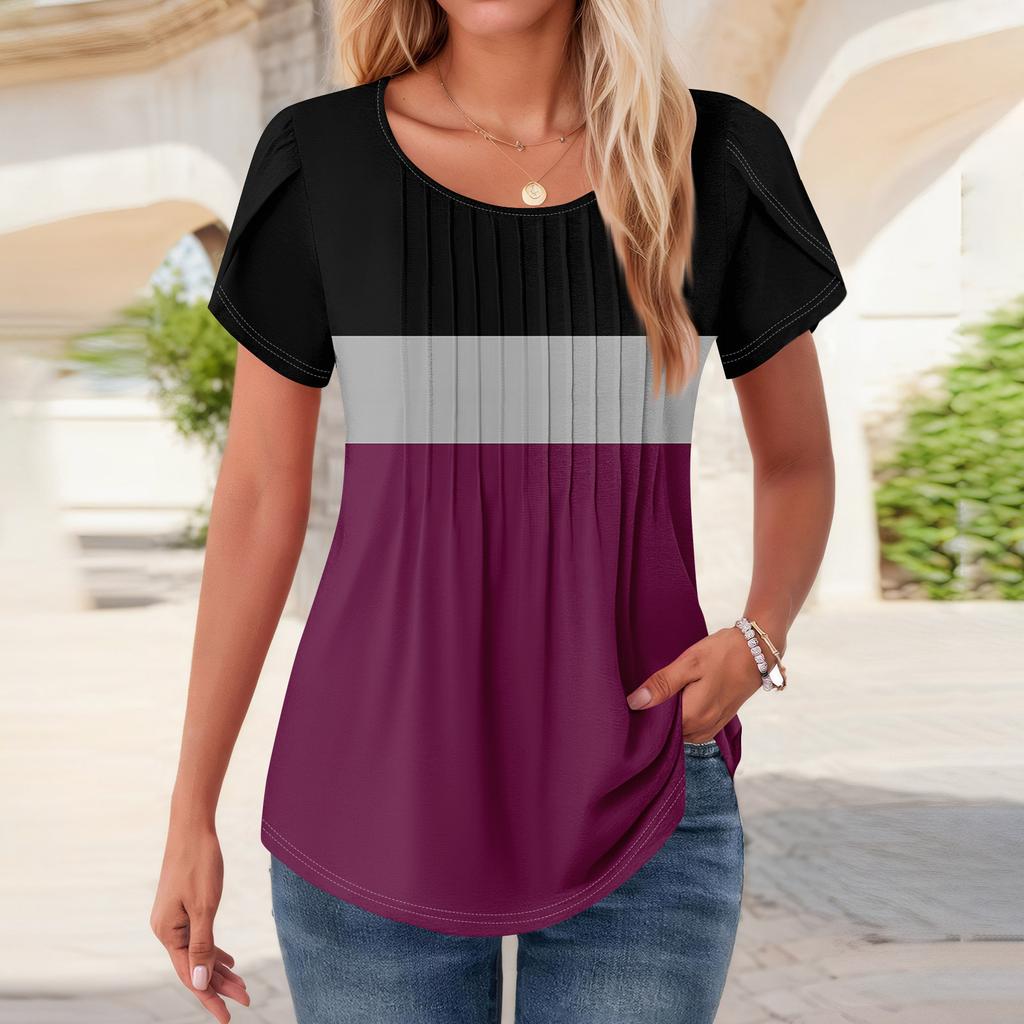 Womens Tops Petal Short Sleeve Summer Round Neck Shirts Floral  Printing Blouses For Women Dressy Casual