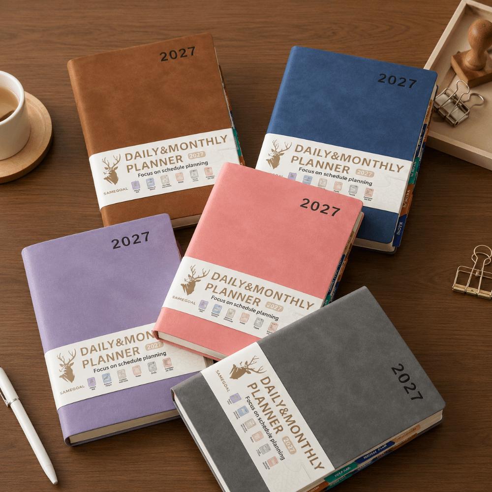 English 2027 Schedule Planner Notepad 12 Months Efficiency A5 Agenda Planning Notebook Leather Cover Simple Office Work Planner