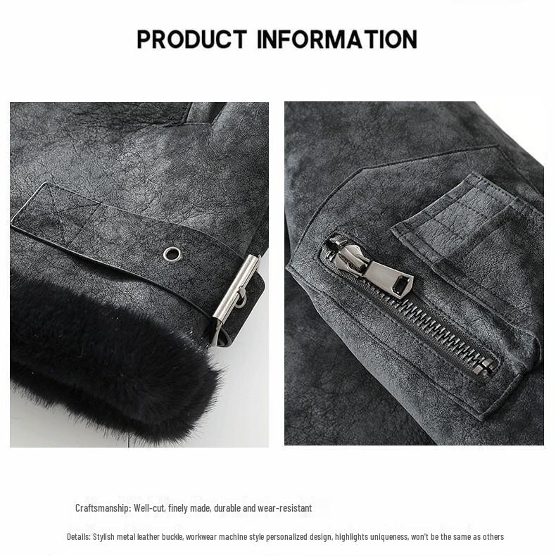 JK2035 Men's Plus Size Leather & Fur Lapel Jacket - Thickened Velvet for Autumn/Winter