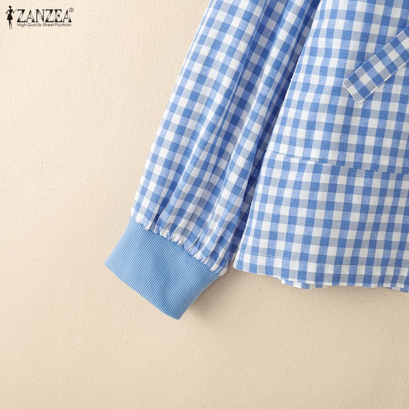 ZANZEA Women Casual Round Neck Long Sleeve Plaid Print Zipper Blouse