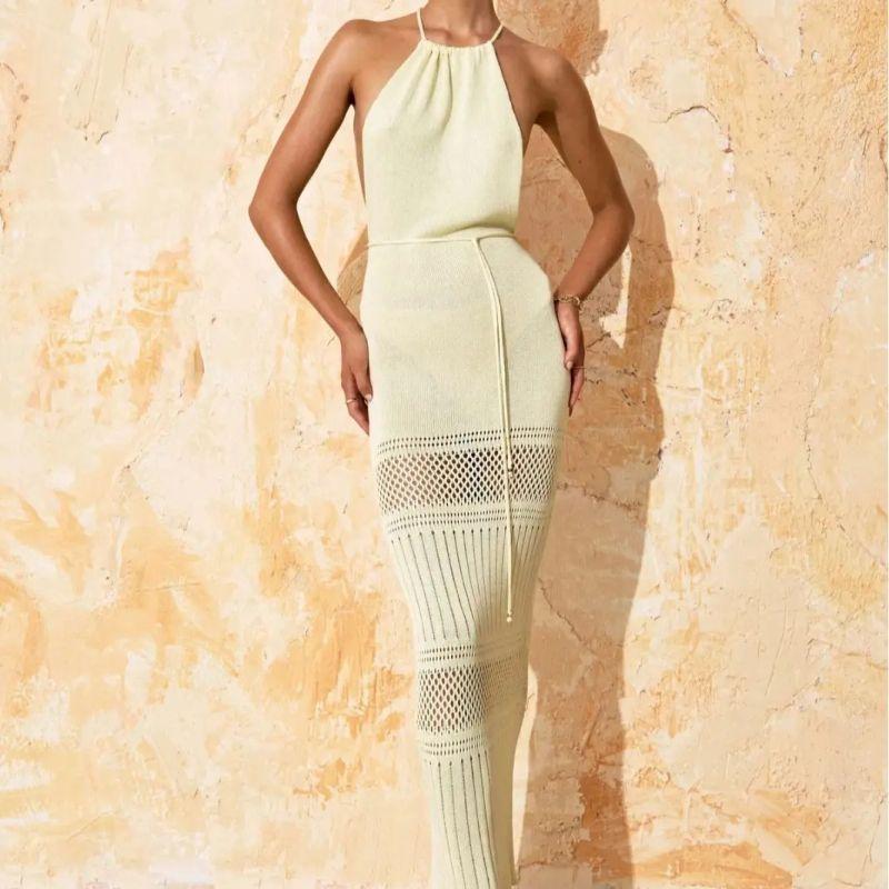 

Knitted Beach Long Skirt Seaside Beach Holiday Style Dress Sling Split Knit Long dress Light yellow L