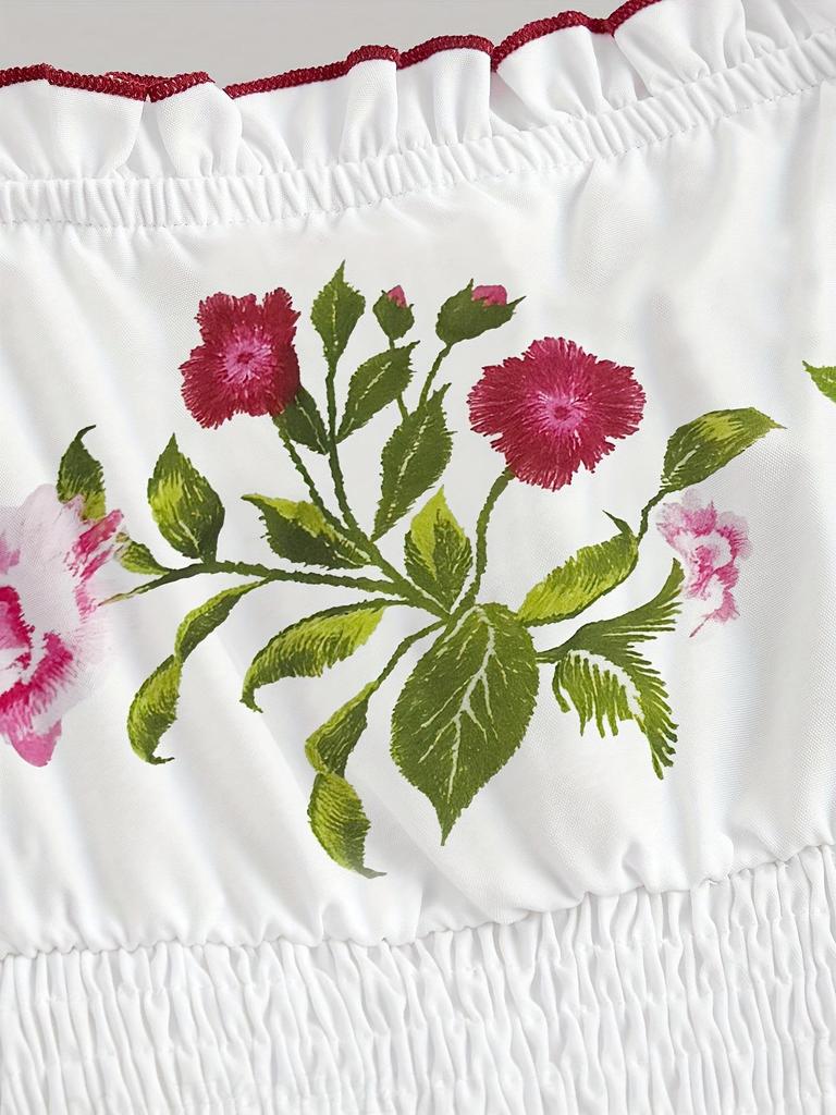 Retro Blumen-Patchwork-Tube-Top-Minikleid mit Rüschensaum für Sommer-Strandmode