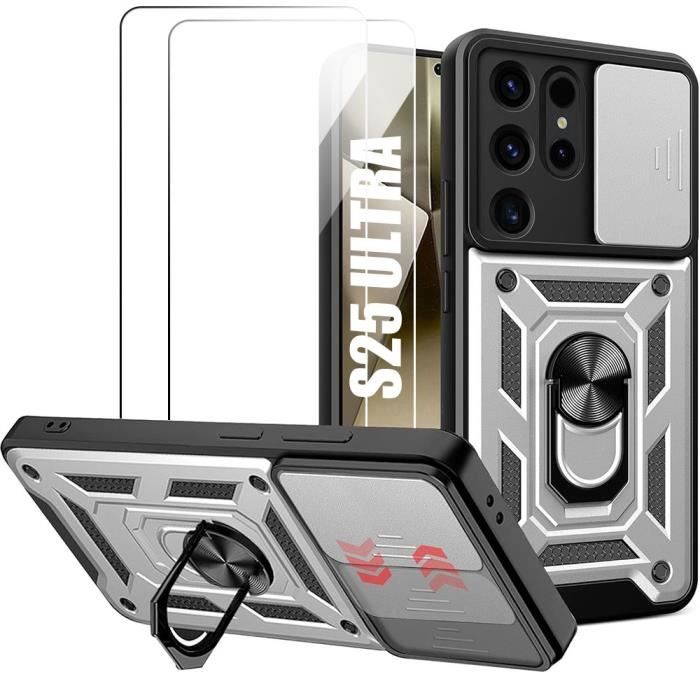 Coque + 2 Verres Trempés pour Samsung Galaxy S25 Ultra, Coque Rigide avec Support et Protection Objectif Coulissante - Argenté