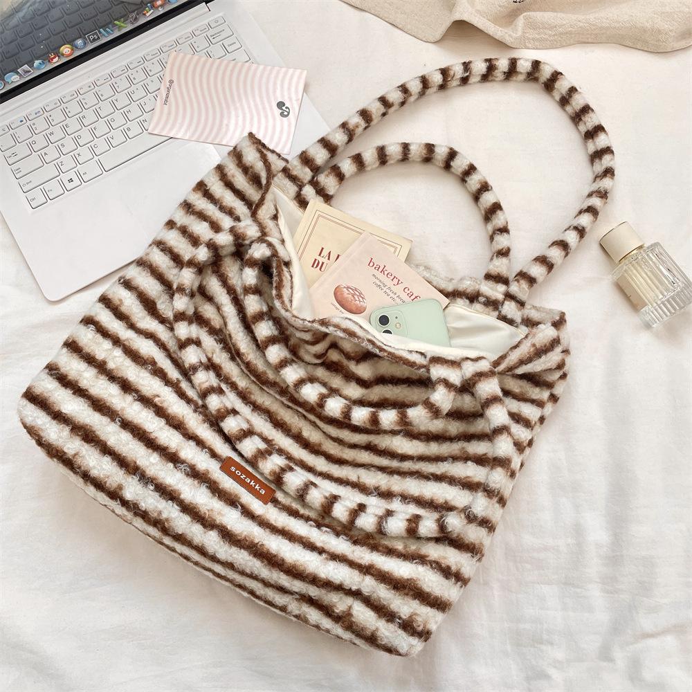 Fall Winter Simple Stripes Faux Lamb Wool Women's Shoulder Bags Casual Furry Female Handbag Large Capacity Ladies Shopping Bag