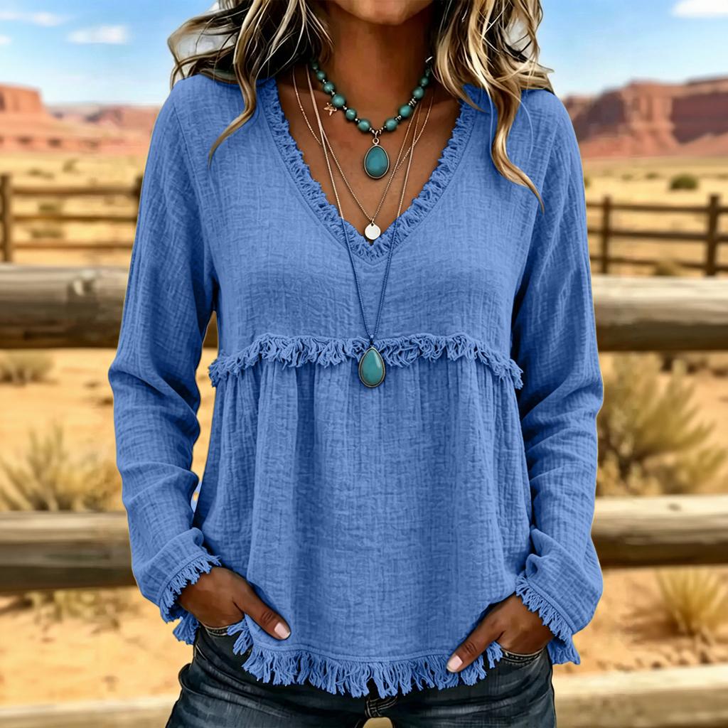 Women's V-Neck Long Sleeve Cotton Linen Casual Color Top