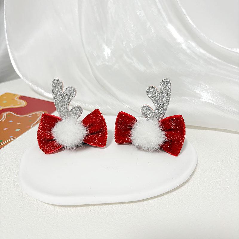 Christmas Glitter Bow & Antler Pom-Pom Baby Hair Clips