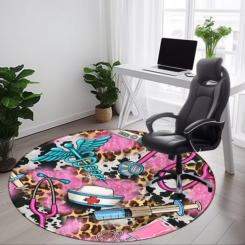 1pc Leopard Nurse Print Chair Carpet for Office, Round Polyester Mat, Indoor Decor for Office, Washable Non-slip Carpet yy251219007