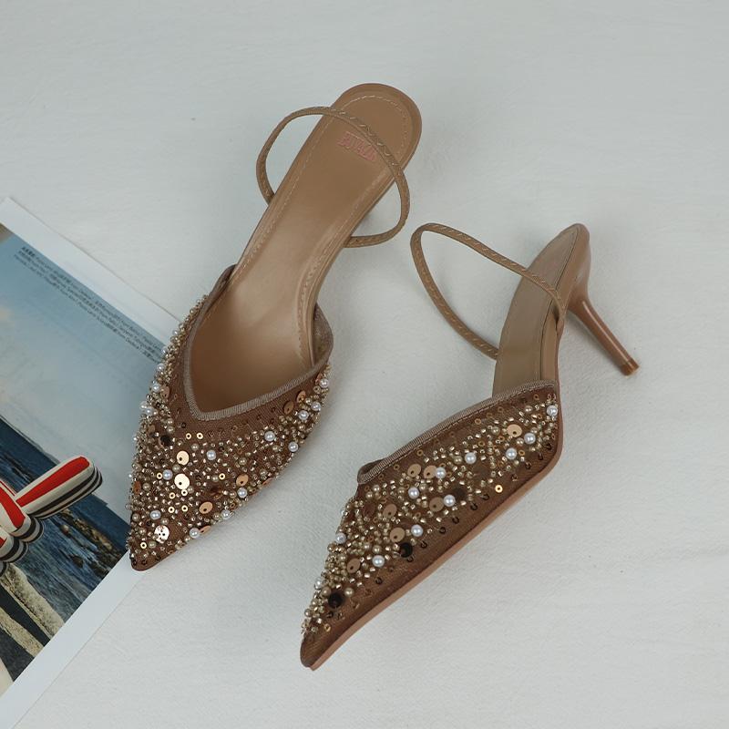 Women  Sandals High Heeled Formal Party Shoes Lady Luxury Sequin Pearl Stiletto Elegant Mesh Slingbacks Black Fashion