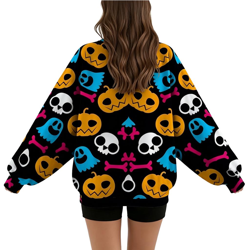Women's Halloween Printed Round Neck Sweatshirt for Holiday and Casual Wear
