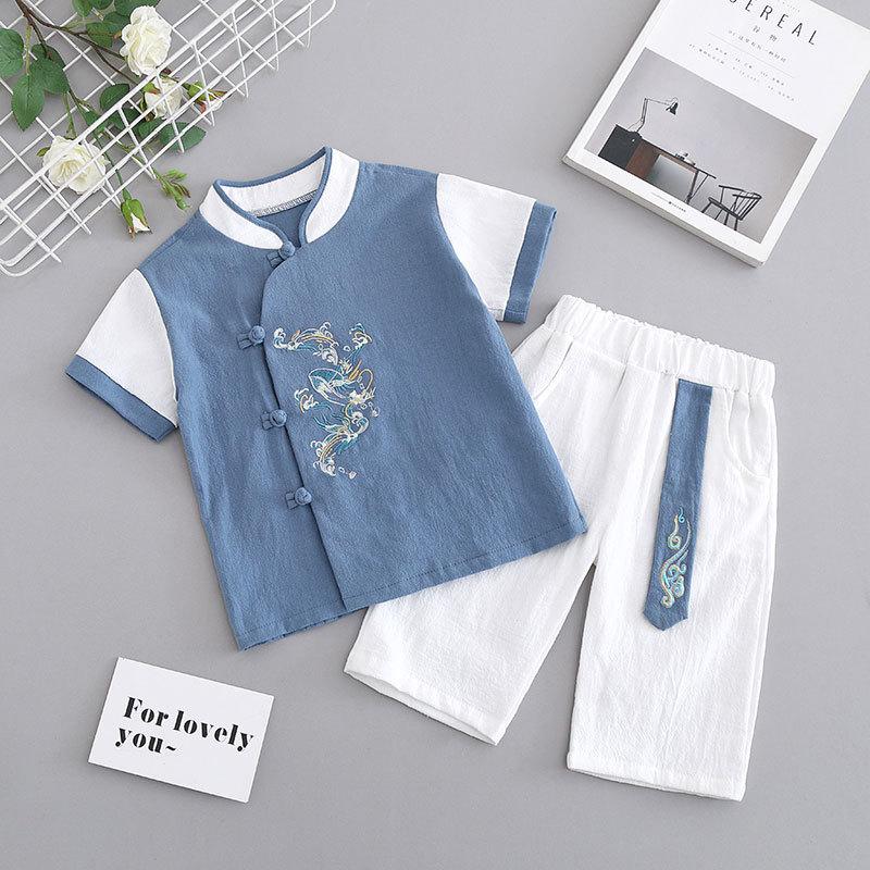 

Летний костюм для мальчиков ханьфу, старинный стиль, красивый детский костюм для мальчиков в китайском стиле с короткими рукавами в этническом стиле 110