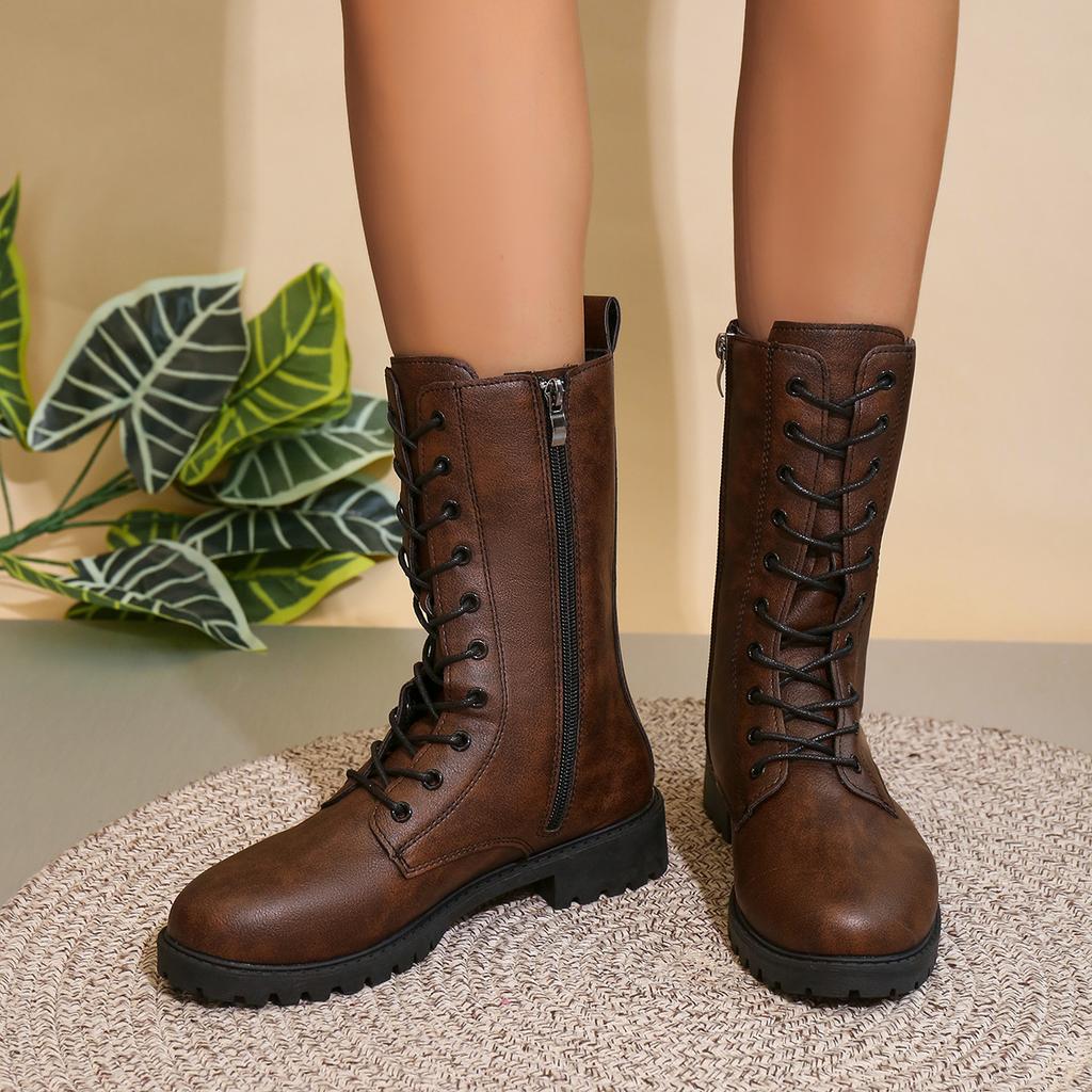 Large size side zipper British wind mid-tube boots women's 2025 autumn new retro round-headed knight boots wish43