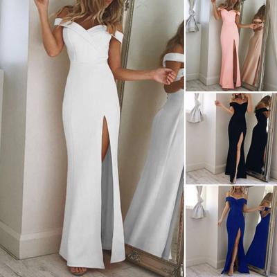 Women Evening Dress Low-cut Off Shoulder Backless Sleeveless Split Hem Slim Fit Solid Color High Waist Full Length Prom Party Maxi Ress