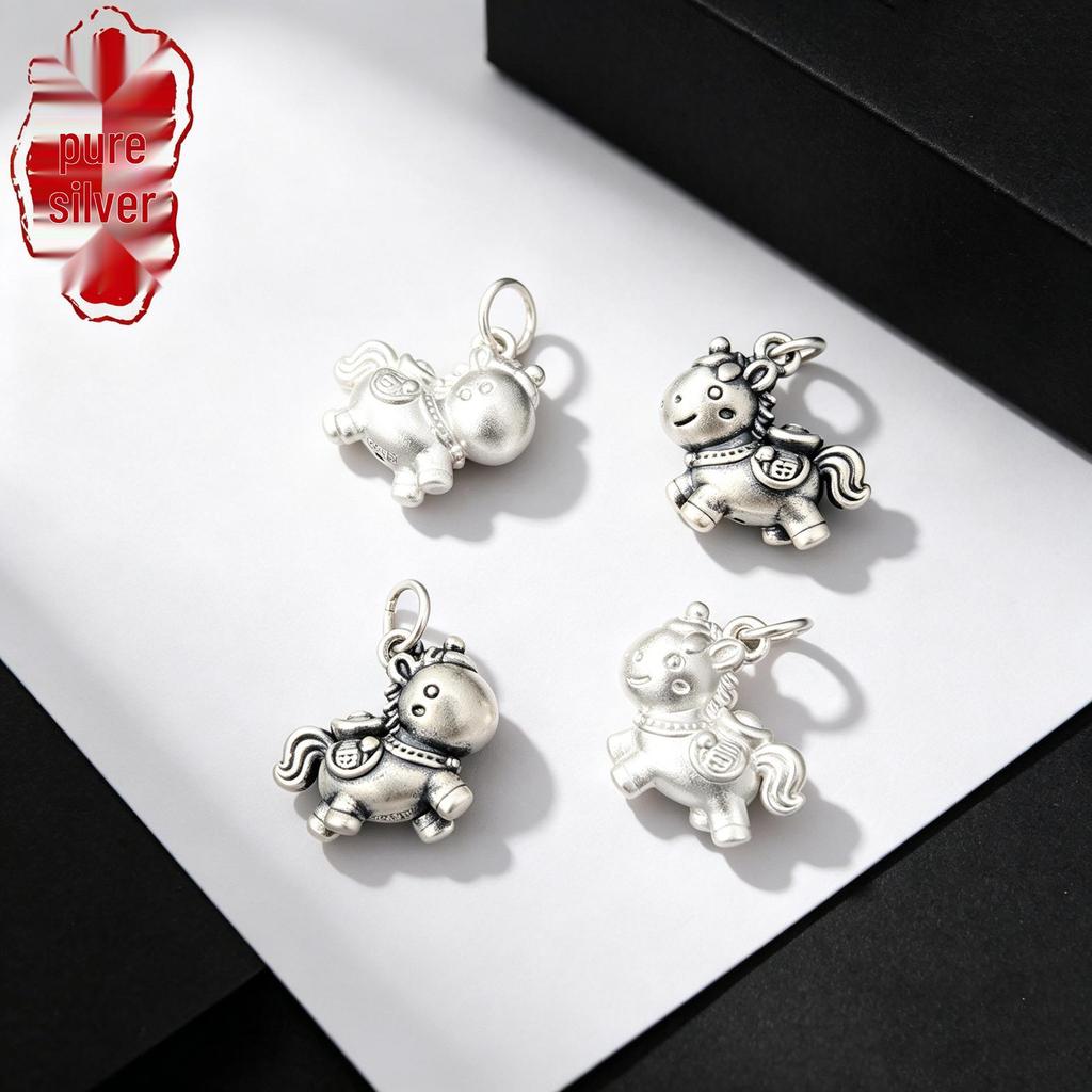 Sterling Silver Zodiac Horse Pendant Charm for DIY Bracelet Weaving - Pure Silver Small Horse Accessory in Chinese Style.
