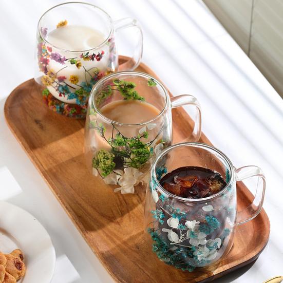 Double-Wall Dried Flower Glass Mug with Handle 350ml Borosilicate Glass Coffee Cup for Hot Cold Drinks Heat-Resistant Clear Unique Gift for