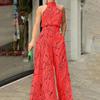 Women's Sleeveless Crew Neck Slimming Print Jumpsuit with Lace-up