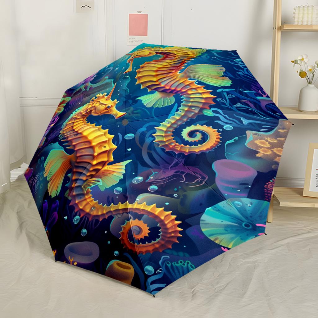 Colorful Seahorse Artwork Automatic Umbrella Compact 8 Rib Lightweight Durable Plastic Iron All Season Use Fashion Lovers Gift for Festivals