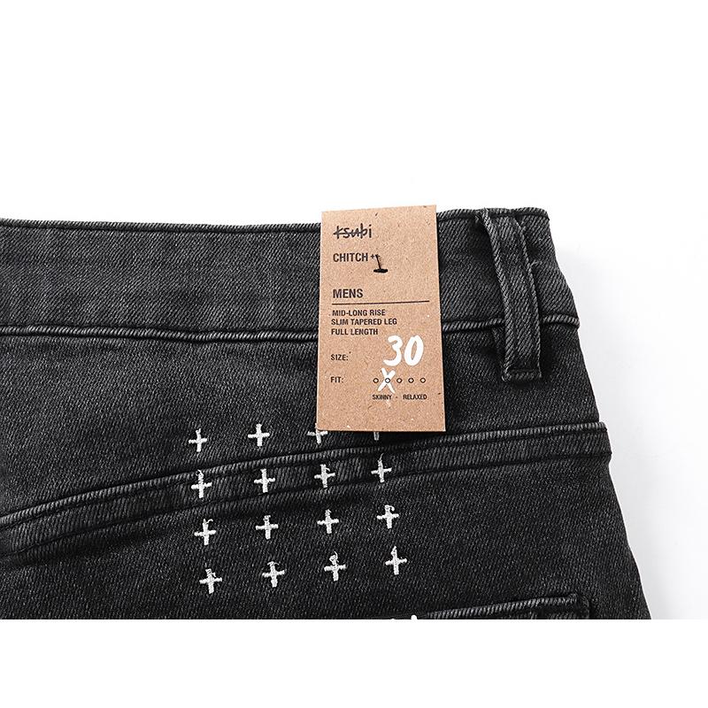 Men's Black Washed Distressed Straight Leg Jeans, Ripped Patchwork Denim Pants