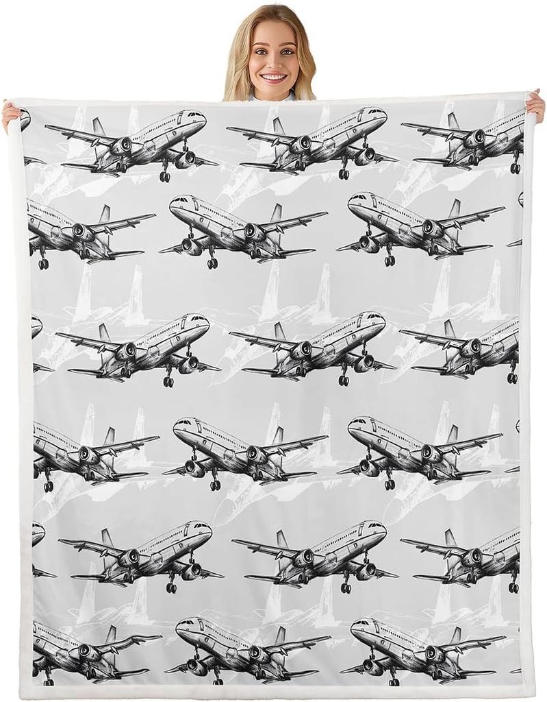 Airplane Pattern Blanket Soft Fleece Throw Kids Room Decor Aviation Theme Baby Gift Home Decoration