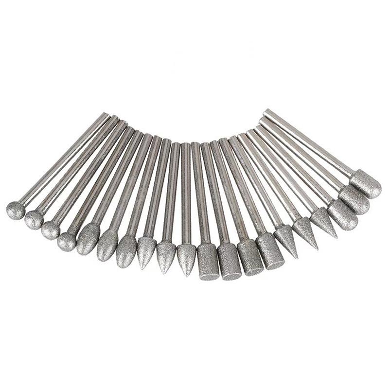 20 ks Diamantové brusné hlavy Mini bit pro rotační vrtačku Brusné nástavce 3mm stopka Sada nástrojů Abrazivní nástroj