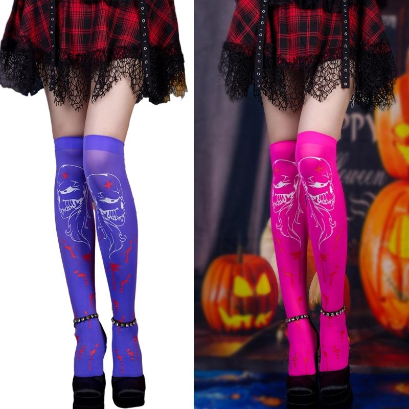 Women Thigh High Socks Over the Knee High Stockings Japanese Skeleton Skull Print Long Socks Thin Halloween Stockings
