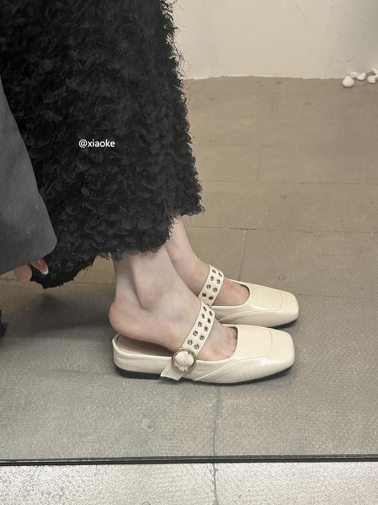 XINZHOU inner height increase square head Mary Jane shoes women's new 2025 bag head flat bottom half slippers outer wear cool slippers