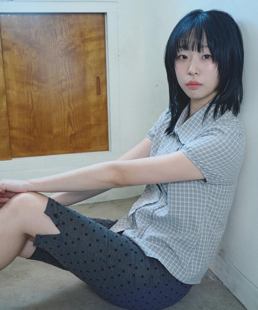 Mihebeu Check Puff Short Sleeve Blouse Gray