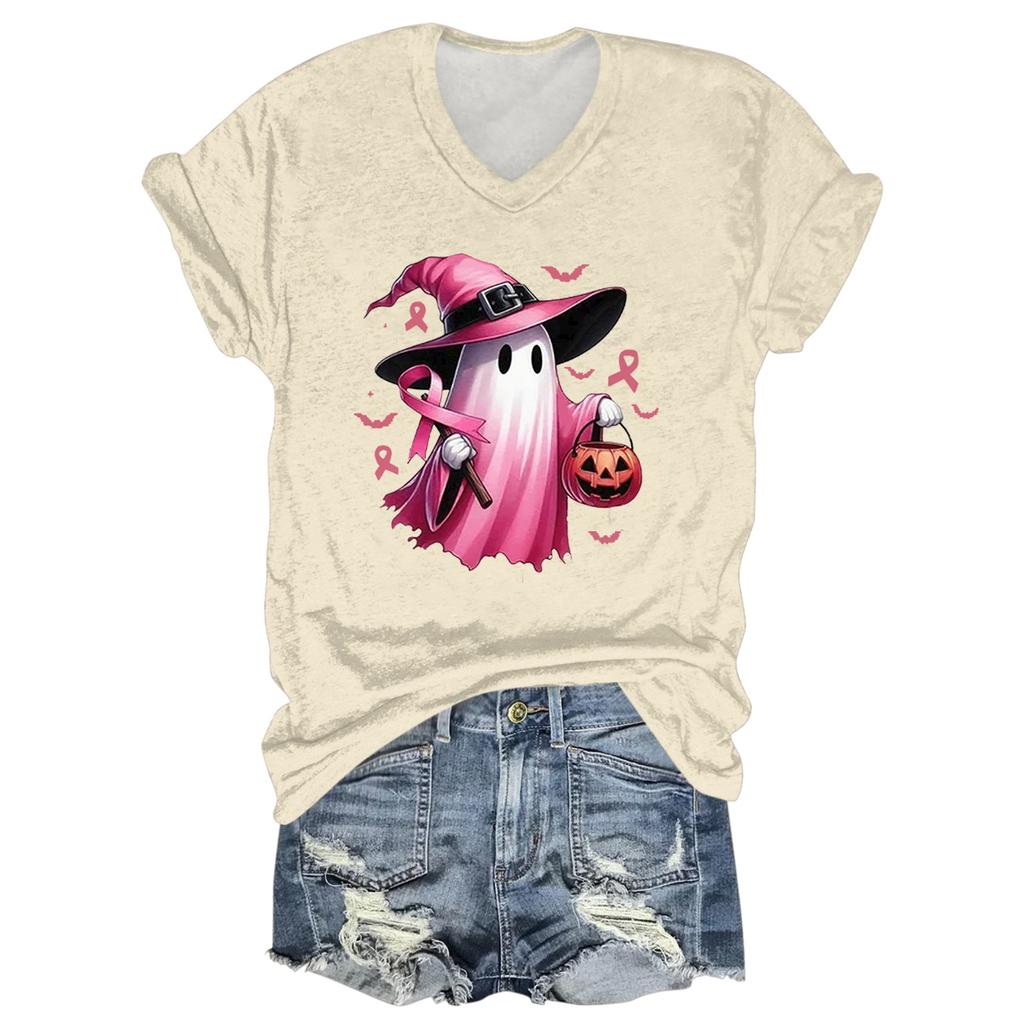 Damen Casual Halloween Bedrucktes V-Ausschnitt Kurzarm T-Shirt