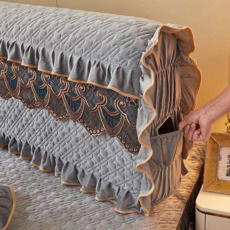 Luxury Fine Flannel Quilted Bed Head Cover Lace Edge Short Plush All-inclusive Headboard Cover Elegant Protective Cover