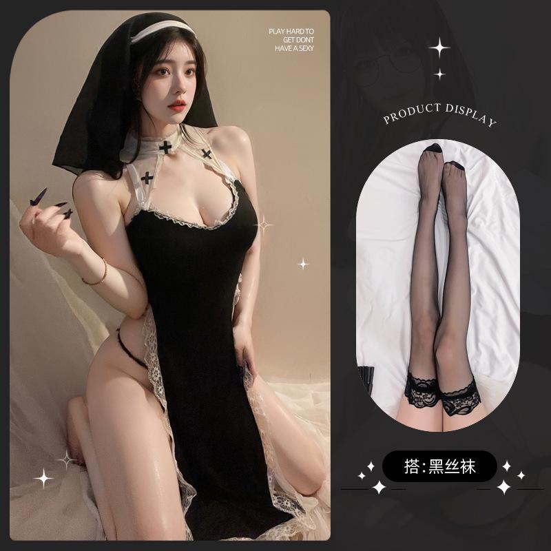 Erotic Lingerie Pure Lust Sexy Cosplay Free Nun High Slit Lace Dress Set