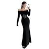 Elegant French Lace One-Shoulder Fishtail Knit Dress - Slim-Fit Waist-Cinching Long Gown for Women
