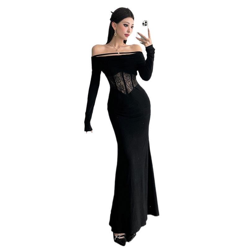 Elegant French Lace One-Shoulder Fishtail Knit Dress - Slim-Fit Waist-Cinching Long Gown for Women