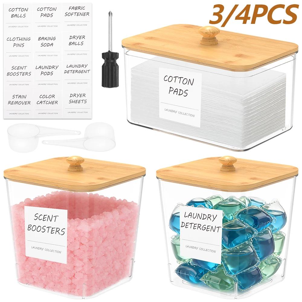 3/4 Stück Waschpulverbehälter PET Transparente Aufbewahrungsbox mit Bambusdeckel und Löffel Trocknertuchhalter Set Wäschezubehör