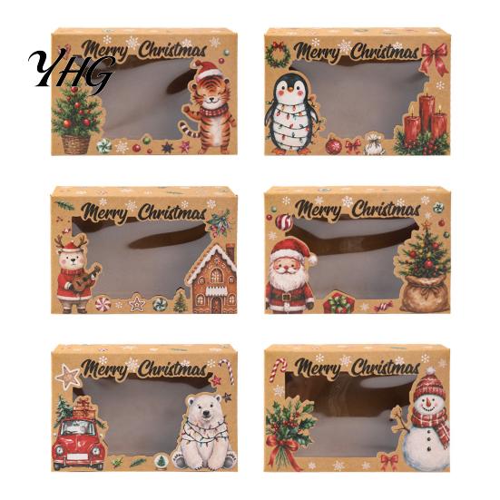 Festive Party Favor Boxes 6Pcs Christmas Paper Gift Boxes, Xmas Color Printed Foldable Cookie Treat Eco Friendly Holiday Bakery Packaging for