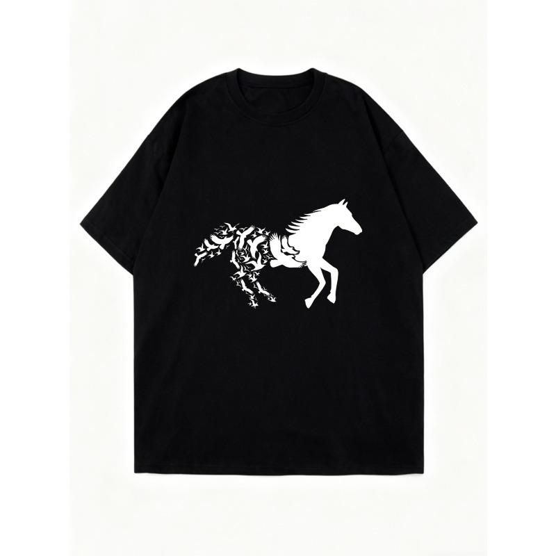 Oversized T Shirt Black Horse Print With Tribal Design Casual Wear For Women Summer Street Style Fashion Top