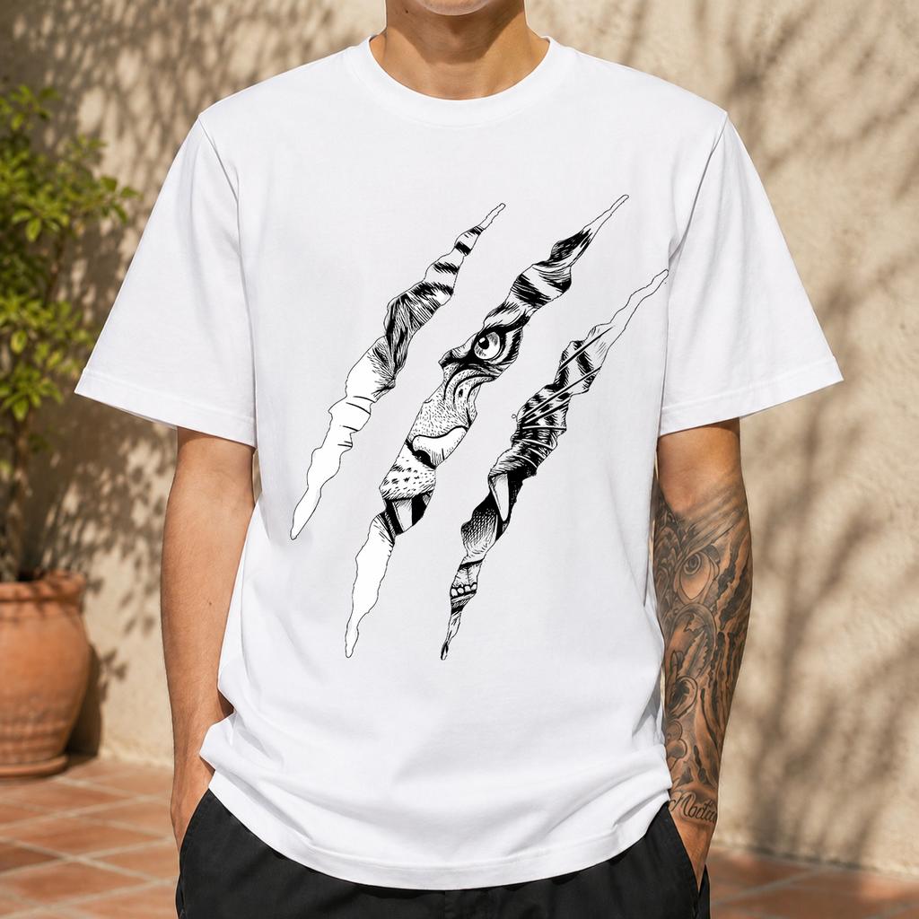 2026 New Pure Cotton Tshirt Ripped Claw Mark Leopard Eye Creative Print Trendy Unisexs Crew Neck Top Casual Short Sleeve