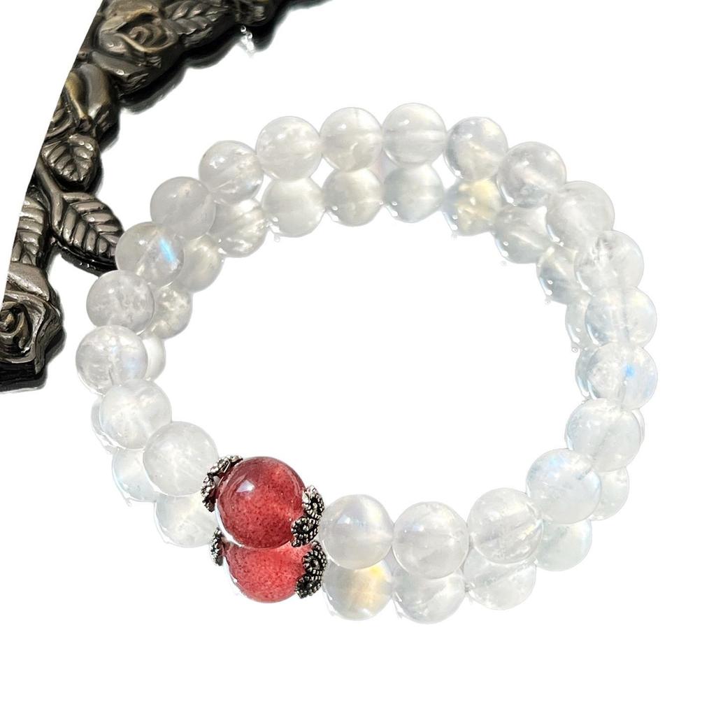 925 Silber 8mm Kügelchen Starkes Blaues Licht Natürlicher Weißer Mondstein Taubenblut Rot Erdbeer-Kristall Armband Armband