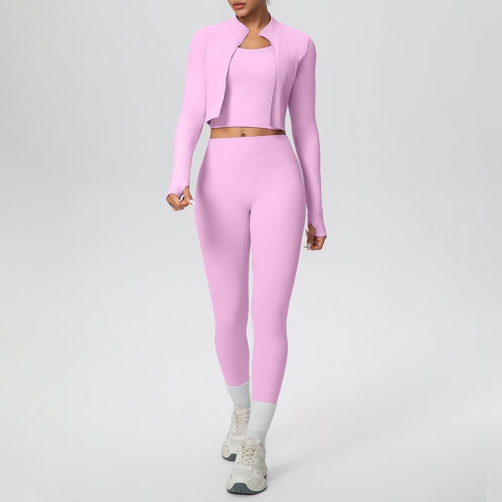 Three-Piece Yoga Set: Cross-Back Sports Tank, Zipper Jacket, High-Waisted Butt Lifting Leggings