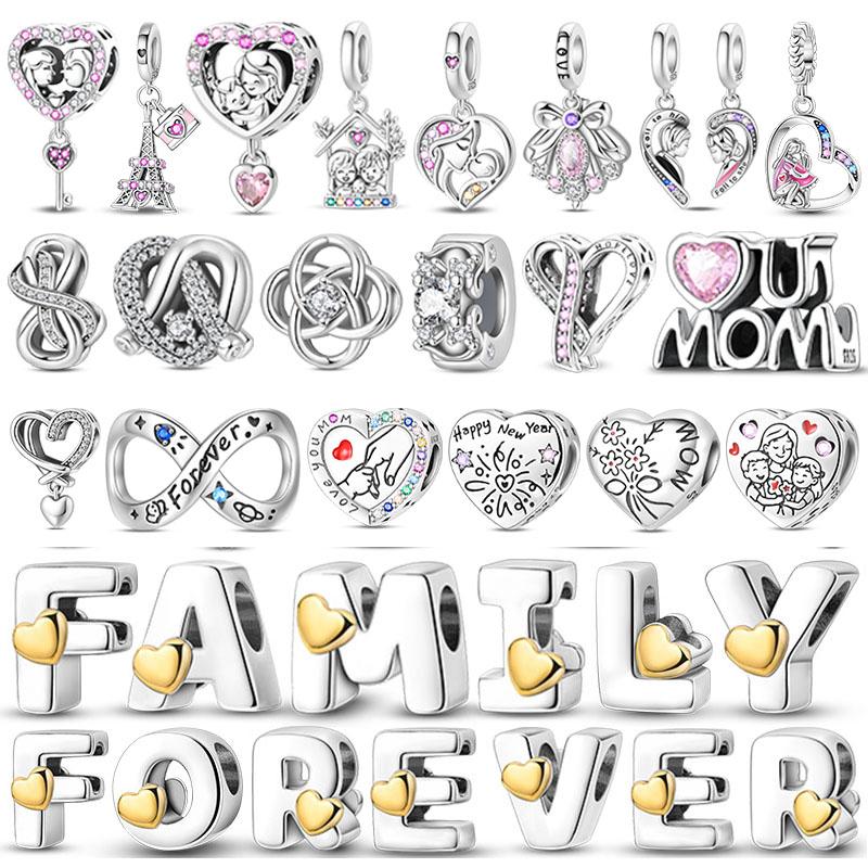 Family Series 925 Sterling Silver Parents Sisters Charms Love Bead Pendant Fit Original Charm Bracelets Women DIY Jewelry Gift